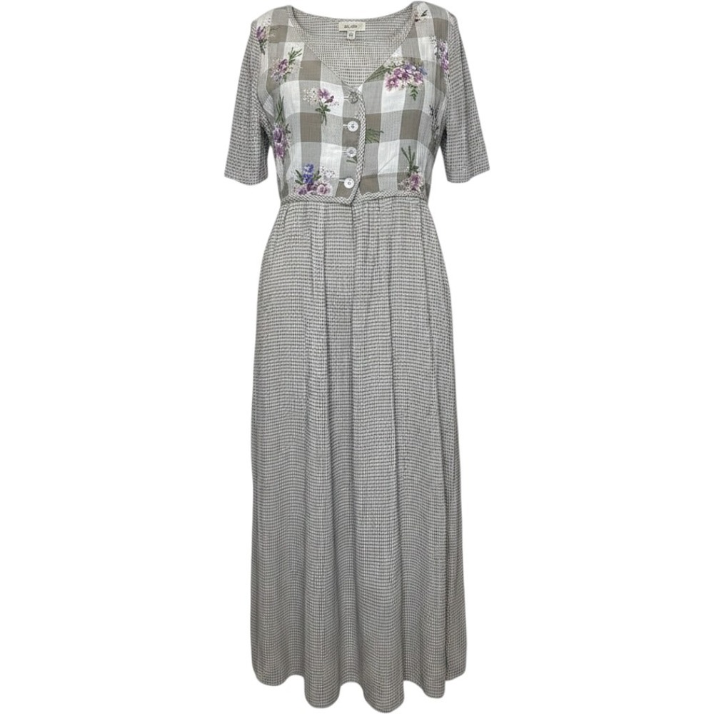 Vintage Grunge 90s Gingham Floral Faux Vest Maxi Dress Gray Purple Size 8